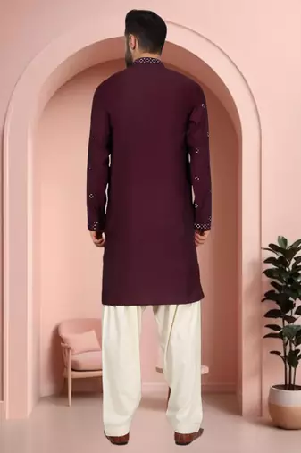 Maroon art silk mirror work kurta pajama set