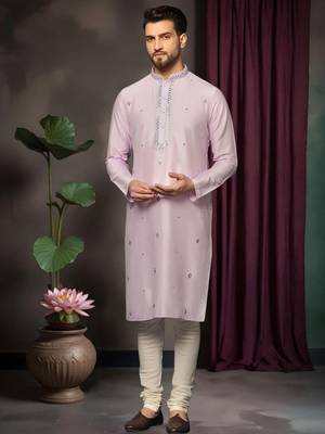 Pink art silk mirror work kurta pajama set 1