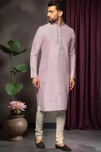 Pink art silk mirror work kurta pajama set