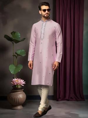 Pink art silk mirror work kurta pajama set 5