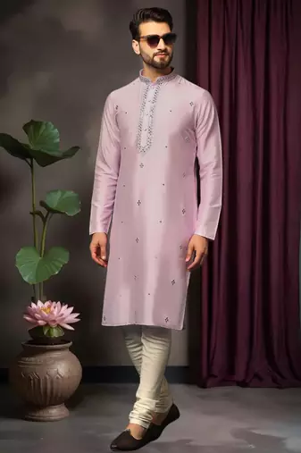 Pink art silk mirror work kurta pajama set