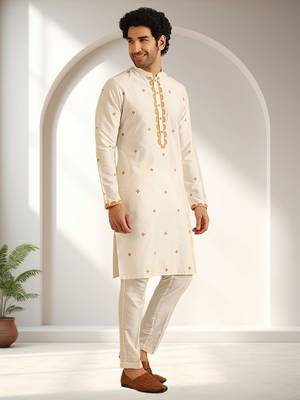 Off white art silk embroidery kurta pajama set 1