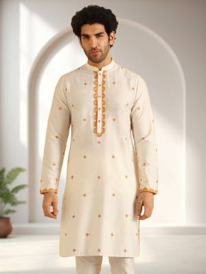 Off white art silk embroidery kurta pajama set 2
