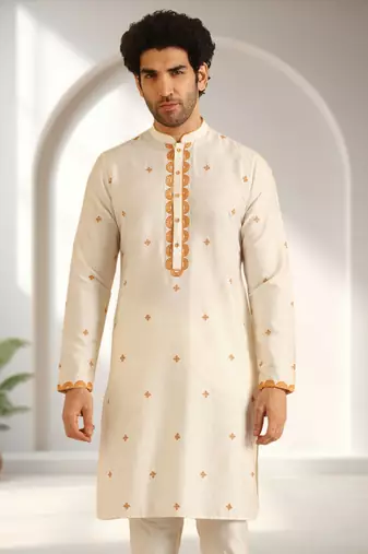 Off white art silk embroidery kurta pajama set