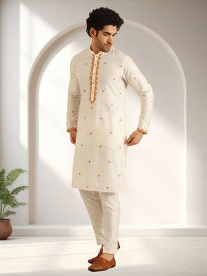 Off white art silk embroidery kurta pajama set 4