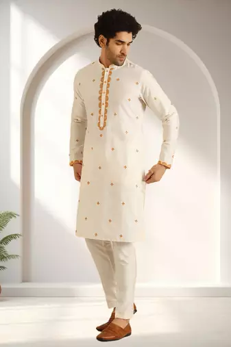 Off white art silk embroidery kurta pajama set