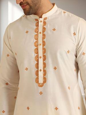Off white art silk embroidery kurta pajama set 5