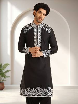 Black art silk embroidery kurta pajama set 1