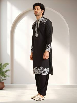 Black art silk embroidery kurta pajama set 2