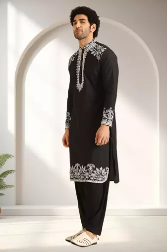Black art silk embroidery kurta pajama set