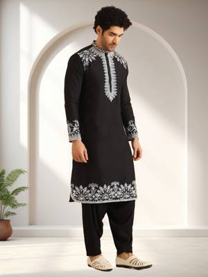 Black art silk embroidery kurta pajama set 3