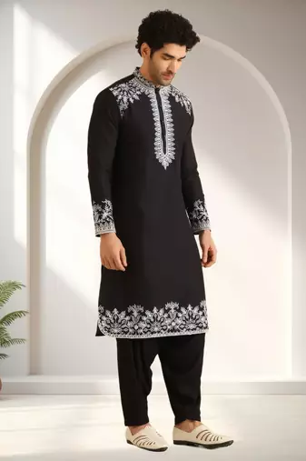 Black art silk embroidery kurta pajama set