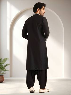 Black art silk embroidery kurta pajama set 4