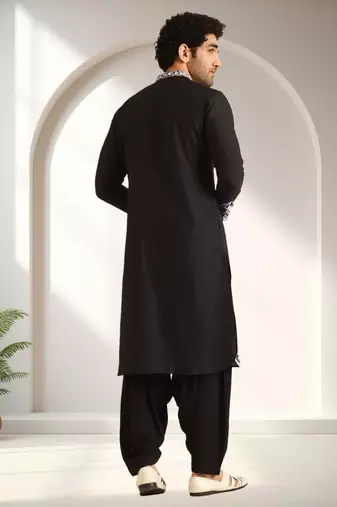 Black art silk embroidery kurta pajama set