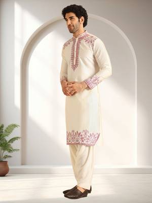 Off white art silk embroidery kurta pajama set 1