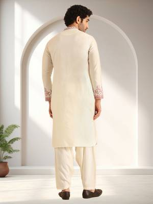 Off white art silk embroidery kurta pajama set 2