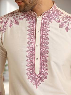 Off white art silk embroidery kurta pajama set 3