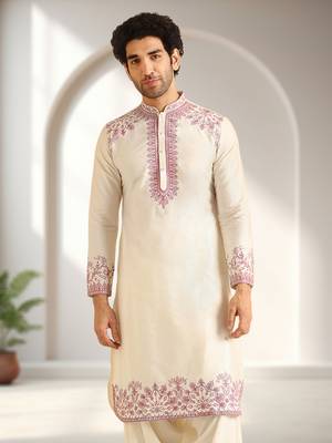 Off white art silk embroidery kurta pajama set 4