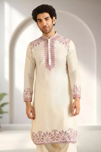 Off white art silk embroidery kurta pajama set