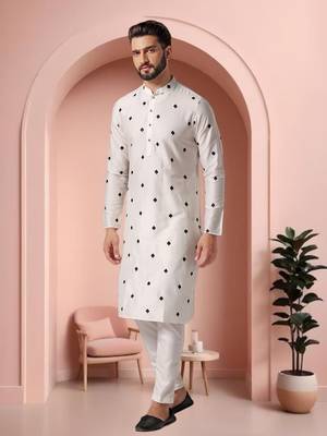 Off white art silk embroidery kurta pajama set 1