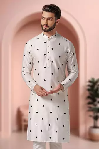 Off white art silk embroidery kurta pajama set