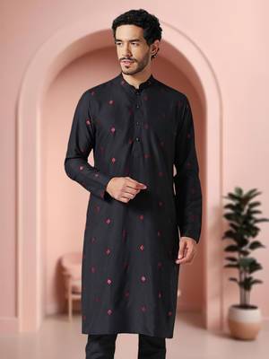 Black art silk embroidery kurta pajama set 1