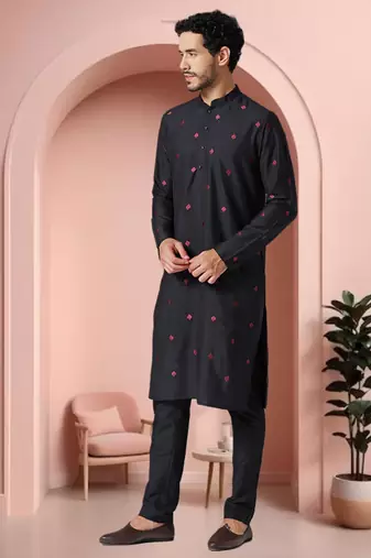Black art silk embroidery kurta pajama set