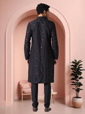 Black art silk embroidery kurta pajama set 3