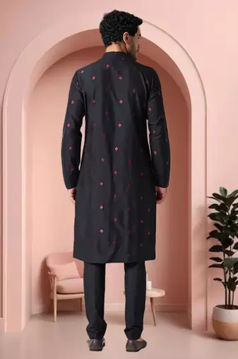 Black art silk embroidery kurta pajama set