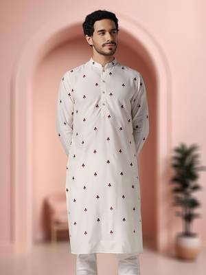Off white art silk embroidery kurta pajama set 1