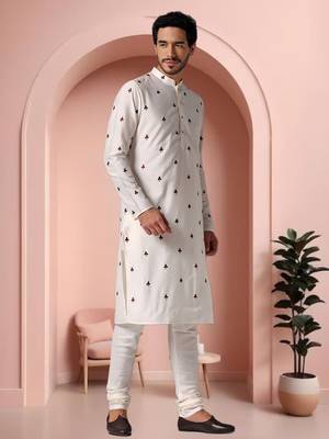 Off white art silk embroidery kurta pajama set 2