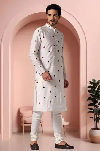 Off white art silk embroidery kurta pajama set