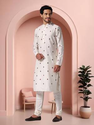 Off white art silk embroidery kurta pajama set 3