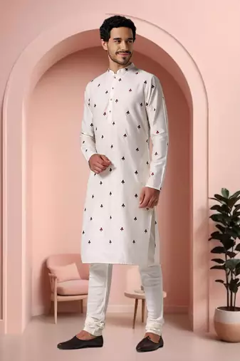 Off white art silk embroidery kurta pajama set