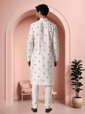 Off white art silk embroidery kurta pajama set 4