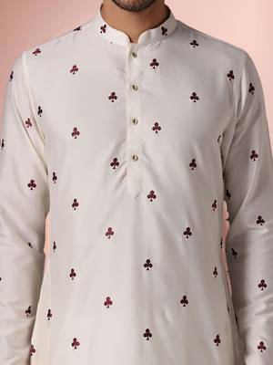 Off white art silk embroidery kurta pajama set 5
