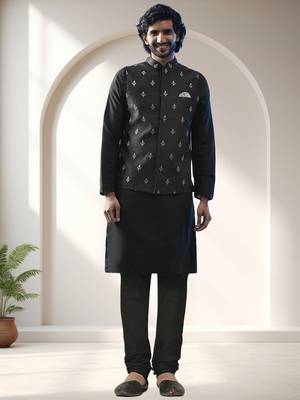 Black art silk embroidery kurta pajama with jacket set 1