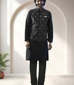 Black art silk embroidery kurta pajama with jacket set