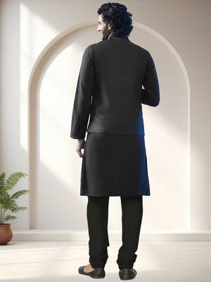 Black art silk embroidery kurta pajama with jacket set 2