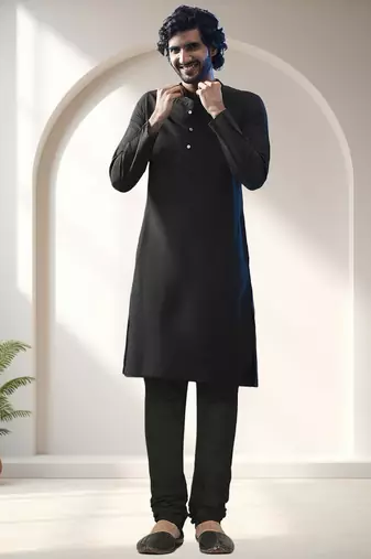 Black art silk embroidery kurta pajama with jacket set
