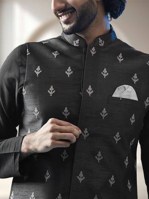 Black art silk embroidery kurta pajama with jacket set 4