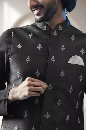 Black art silk embroidery kurta pajama with jacket set