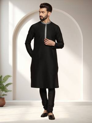 Black art silk embroidery kurta pajama set 1