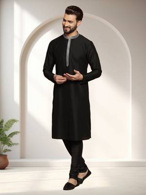 Black art silk embroidery kurta pajama set 2