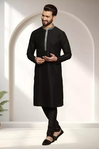 Black art silk embroidery kurta pajama set