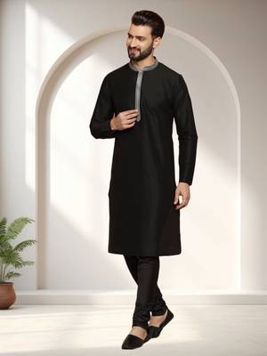 Black art silk embroidery kurta pajama set 5