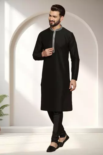 Black art silk embroidery kurta pajama set