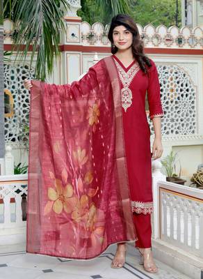  womens embroidered silk red kurta with palazzo and dupatta 1