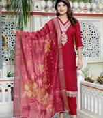  womens embroidered silk red kurta with palazzo and dupatta
