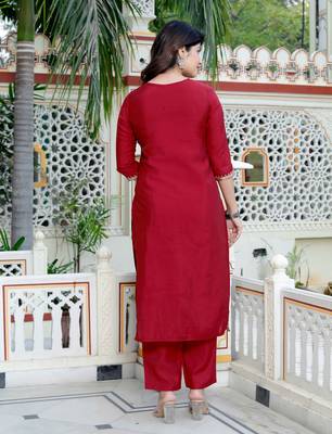  womens embroidered silk red kurta with palazzo and dupatta 2